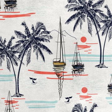 Royal Samt Stoff Polyester Zum Nähen - Motiv Palmen Segelboote