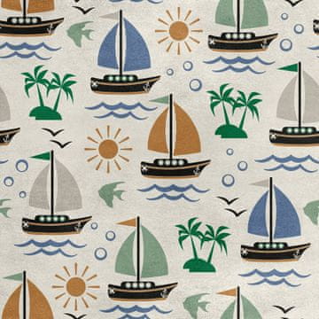 Royal Samt Stoff Polyester Zum Nähen - Motiv Palmen Segelboot Sonne