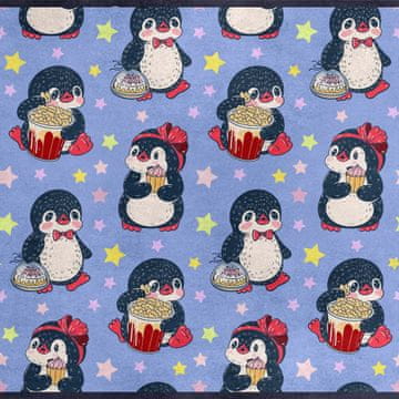 Royal Samt Stoff Polyester Zum Nähen - Motiv Pinguine mit Popcorn