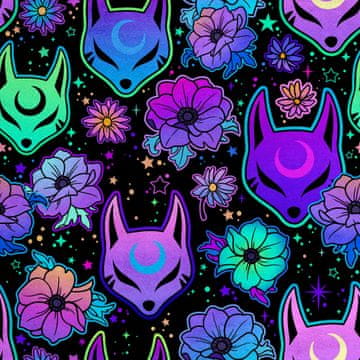 Royal Samt Stoff Polyester Zum Nähen - Motiv Japanische Fuchsmasken