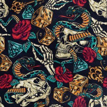 Royal Samt Stoff Polyester Zum Nähen - Motiv Skelette Schlangen Würfel Rosen
