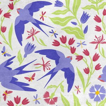 Royal Samt Stoff Polyester Zum Nähen - Motiv Schwalben und Blumen