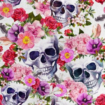 Royal Samt Stoff Polyester Zum Nähen - Motiv Totenköpfe mit Blumen 3
