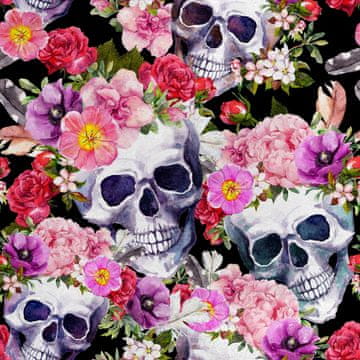 Royal Samt Stoff Polyester Zum Nähen - Motiv Totenköpfe mit Blumen 2