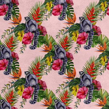 Royal Samt Stoff Polyester Zum Nähen - Motiv Lemur auf Blumen