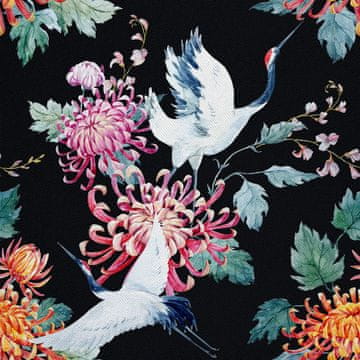 OUTDOOR DEKOSTOFFE OXFORD - Motiv Kraniche und Chrysanthemen