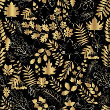 VANJSKI DEKOSTOFFE OXFORD - Motiv goldene Blätter auf schwarz I DR225
