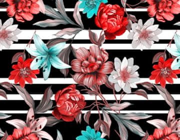 VANJSKI DEKOSTOFFE OXFORD - Motiv Blumen auf schwarz-weißen Streifen I DR126