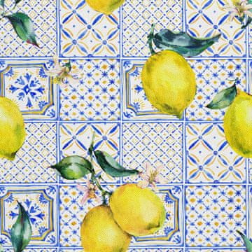OUTDOOR DEKOSTOFFE OXFORD - Motiv Zitronen auf einem blauen Ornament