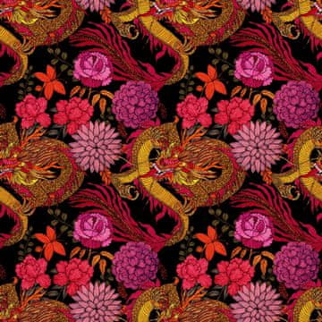 VANJSKI DEKOSTOFFE OXFORD - Motiv Drache in rosa Blüten