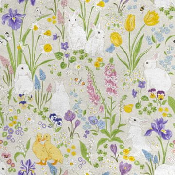 Royal Samt Stoff Polyester Zum Nähen - Motiv Hasen und Enten in Blumen