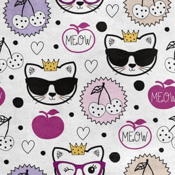 Royal Samt Stoff Polyester Zum Nähen - Motiv Kätzchen mit Brille, Apfel und Kirsche