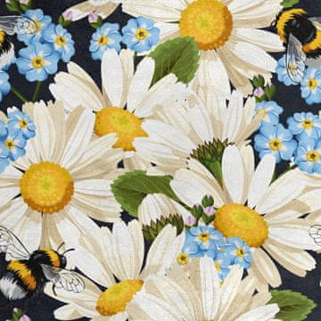 Royal Samt Stoff Polyester Zum Nähen - Motiv Margeriten und Vergissmeinnicht