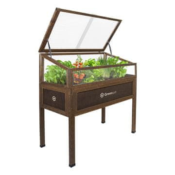 EE Mini staklenik s pokrovom za balkon i terasu 110x55x120 cm - Staklenik na drvenoj platformi, podignuta drvena gredica, hladni okvir s pokrovom na visokim nogama, boja tamnog ružinog drveta