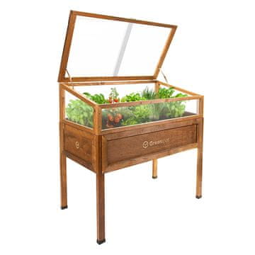EE Mini staklenik s pokrovom za balkon i terasu 110x55x120 cm - Staklenik na drvenoj platformi, podignuta drvena gredica, hladni okvir s pokrovom na visokim nogama, boja ružinog drveta