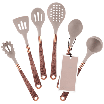 Nikcorp Kuhinjski pribor set 6 komada, silikonski s drvenom ručkom za kuhanje bez ogrebotina, otporan na toplinu, sivi