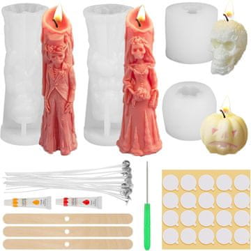 Nikcorp Silikonski kalupi za svijeće 4 kom, set za izradu svijeća za Halloween s priborom, lubanja, duh, bundeva, višekratni