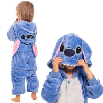 Nikcorp Dječja pidžama Kigurumi Onesie kostim Stitch plavi, visina 105-115 cm, topli kombinezon s kapuljačom za igru i spavanje