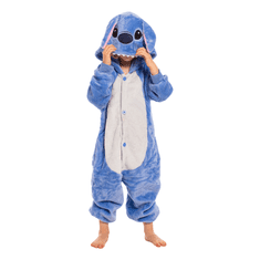 Nikcorp Dječja pidžama Kigurumi Onesie kostim Stitch plavi, visina 105-115 cm, topli kombinezon s kapuljačom za igru i spavanje