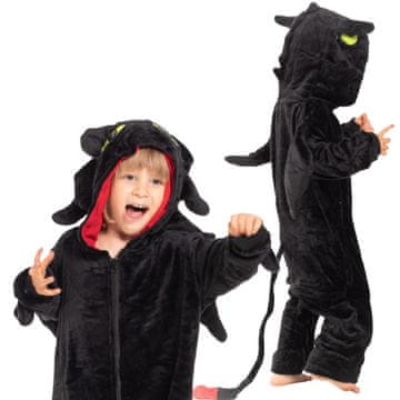 Nikcorp Dječja Kigurumi pidžama Zmaj Bezubi crni onesie kostim s krilima i kapuljačom 105-115 cm