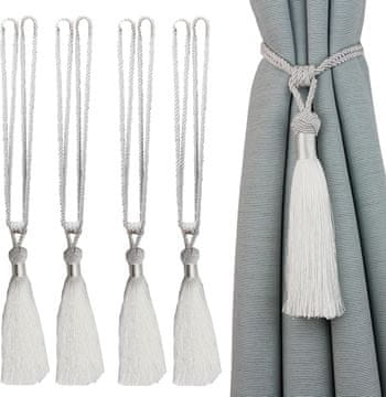 Nikcorp Set od 4 ukrasne vezice za zavjese s resicama, ručno pletene, bijele, 60 cm, bez bušenja, elegantan dodatak za dom