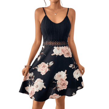 Nikcorp Ženska ljetna boho haljina s cvjetnim uzorkom i čipkom, kratka, crna, veličina S