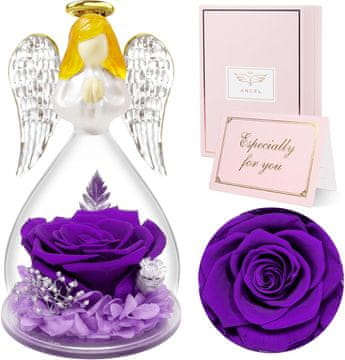 Nikcorp Figurica anđela s konzerviranim ljubičastim ružama u staklenoj kupoli, trajni poklon za žene, 11x16 cm