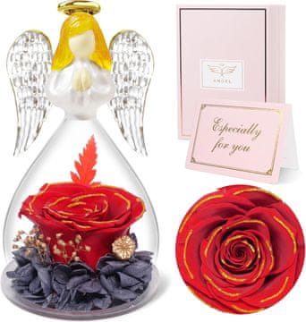 Nikcorp Figurica anđela s pravim konzerviranim ružama, crveno zlato, staklena kupola, poklon za mamu i baku, trajni ukras