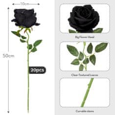 Nikcorp Set od 20 umjetnih ruža od svile s dugim stabljikama, crne, realističan izgled za vjenčanja i dekoraciju doma