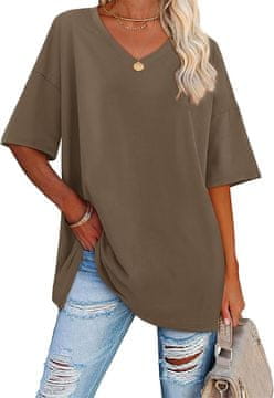 Nikcorp Ženska oversize majica kratkih rukava s V-izrezom, prozračna i lagana za ljeto, kaki boja, veličina L