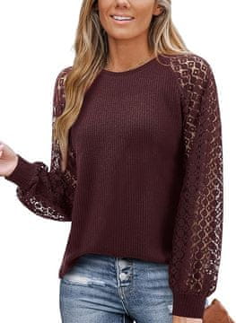 Nikcorp Elegantna ženska pamučna bluza s čipkom i vafl teksturom, dugi rukav, bordo, XL
