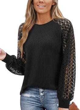 Nikcorp Ženska elegantna crna bluza s čipkom i dugim rukavima, veličina L, udoban kroj za poslovne i svečane prigode
