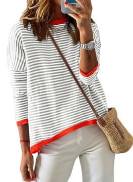 Nikcorp Ženski prugasti džemper okruglog izreza dugih rukava za jesen i zimu, sivi, veličina XXL, udoban i topao casual stil