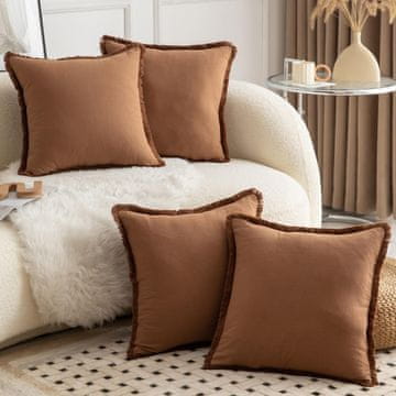 Nikcorp Set od 4 pamučne ukrasne jastučnice 55x55 cm s resicama, smeđe - boho stil za dnevni boravak i spavaću sobu