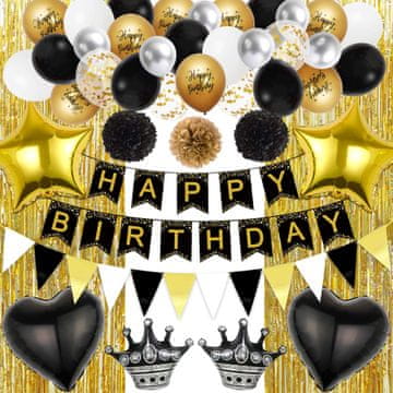 Nikcorp Set rođendanskih dekoracija crno-zlatni, banner Happy Birthday, baloni i zavjesa, komplet za zabavu