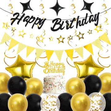 Nikcorp Set balona za rođendan Happy Birthday crno-zlatni, folija baloni, girlanda i dekoracije za tortu, 38 komada