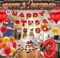 Nikcorp Set rođendanskih dekoracija Vatrogasci za 3. rođendan - baloni, banner i toperi za tortu, crveni motiv vatrogasnog vozila