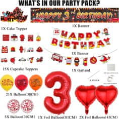 Nikcorp Set rođendanskih dekoracija Vatrogasci za 3. rođendan - baloni, banner i toperi za tortu, crveni motiv vatrogasnog vozila