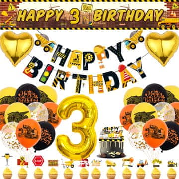 Nikcorp Set rođendanskih dekoracija Građevina za 3. rođendan, bager tema, baloni, banner i topperi za tortu