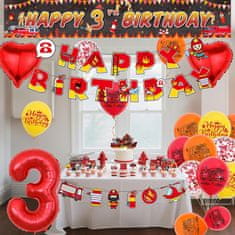 Nikcorp Set rođendanskih dekoracija Vatrogasci za 3. rođendan - baloni, banner i toperi za tortu, crveni motiv vatrogasnog vozila