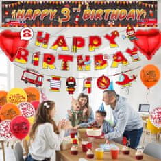 Nikcorp Set rođendanskih dekoracija Vatrogasci za 3. rođendan - baloni, banner i toperi za tortu, crveni motiv vatrogasnog vozila