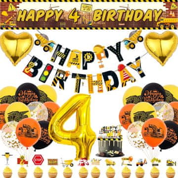 Nikcorp Set rođendanskih dekoracija Gradilište za 4. rođendan, baloni bager i banner, 44 komada