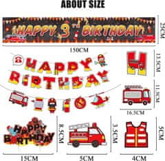 Nikcorp Set rođendanskih dekoracija Vatrogasci za 3. rođendan - baloni, banner i toperi za tortu, crveni motiv vatrogasnog vozila
