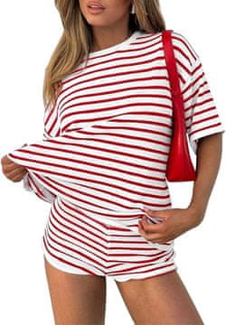 Nikcorp Ženska dvodijelna trenirka na pruge kratkih rukava i kratke hlače, crvena, veličina S, lagani sportski komplet za vježbanje i dom