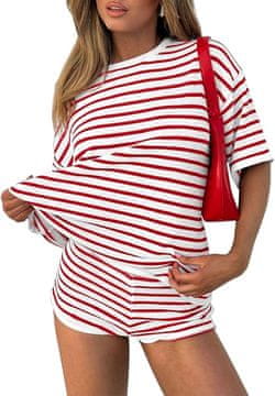 Nikcorp Ženska dvodijelna trenirka u pruge kratki rukav i kratke hlače, crvena XL, sportski komplet za fitness i slobodno vrijeme