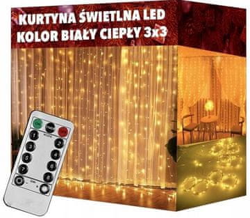 SVJETLOSNA ZAVJESA GIRLANDA TOPLE BOJE 300 LED USB 3x3M LEDICE + DALJINSKI UPRAVLJAČ