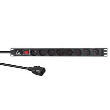produžni kabel 19" 1U, 10A, 8 francuskih utičnica, C14 utikač, LVR-2MSCH-SW-C13-8