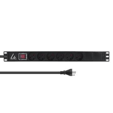 produžni kabel 19", montaža u rack, 1U, 13A, 6 utičnica tipa K, prekidač, kabel od 3 m, LVR-3MDK-SW-DK6