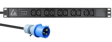 produžni kabel 19", 1U, 16A, 10 C13 utičnica, AMP mjerač, kabel od 3 m, IEC 60309 16A utikač, LVR-3MIEC-AMP-10C13