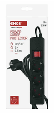 EMOS P54214 zaštita od prenapona – 3 utičnice, 1,5 m, crna